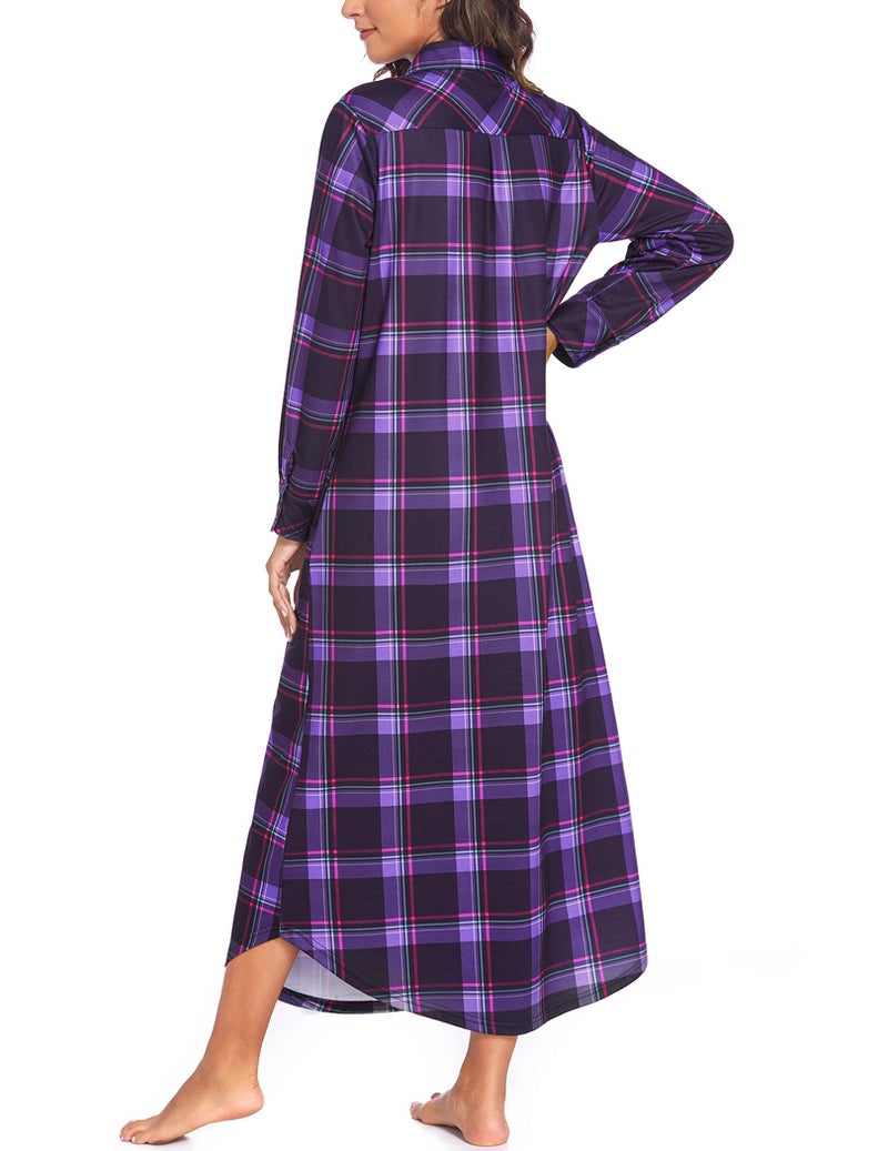 Ekouaer Women's Nightgown Long Sleeve Nightshirt Full Length Loungewear Plaid Sleepwear With Pockets, Purple Plaid, XX-Large - Image 4