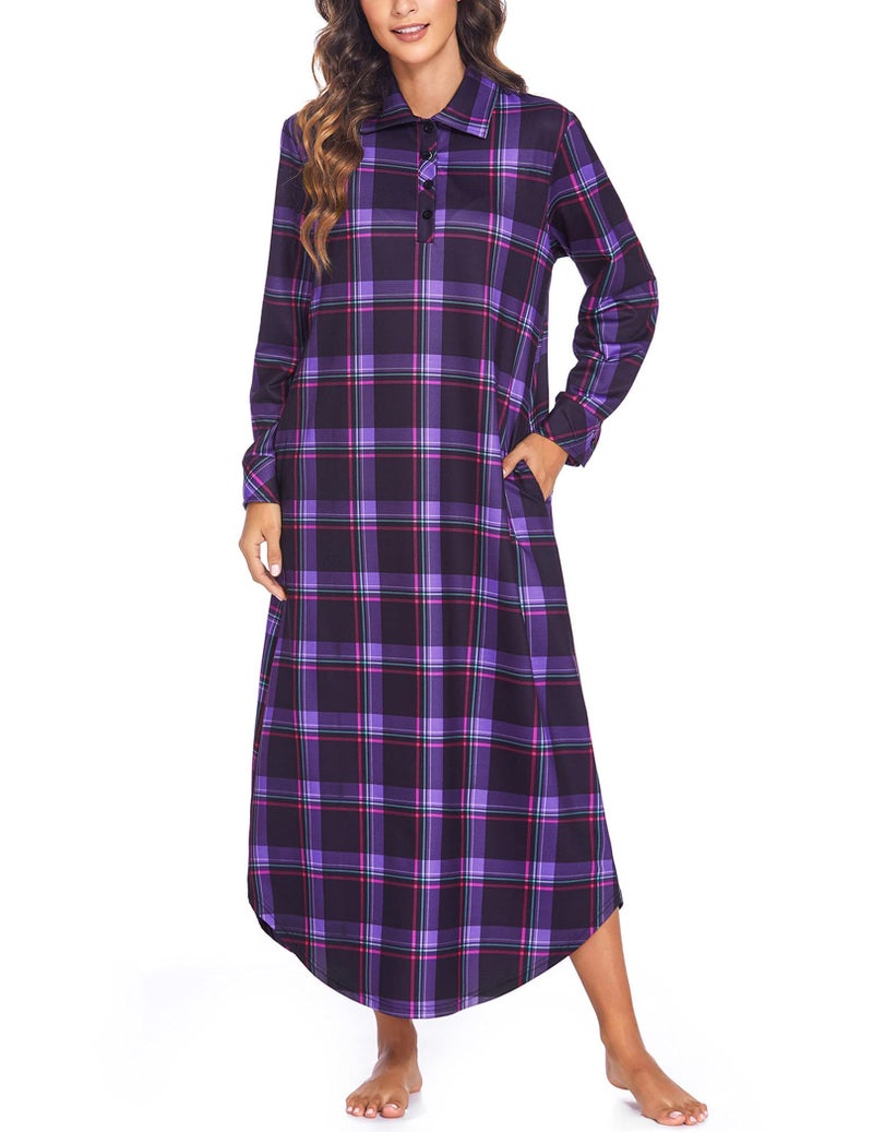 Ekouaer Women's Nightgown Long Sleeve Nightshirt Full Length Loungewear Plaid Sleepwear With Pockets, Purple Plaid, XX-Large - Image 1
