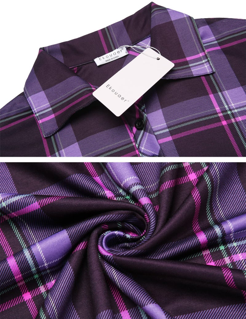 Ekouaer Women's Nightgown Long Sleeve Nightshirt Full Length Loungewear Plaid Sleepwear With Pockets, Purple Plaid, XX-Large - Image 5