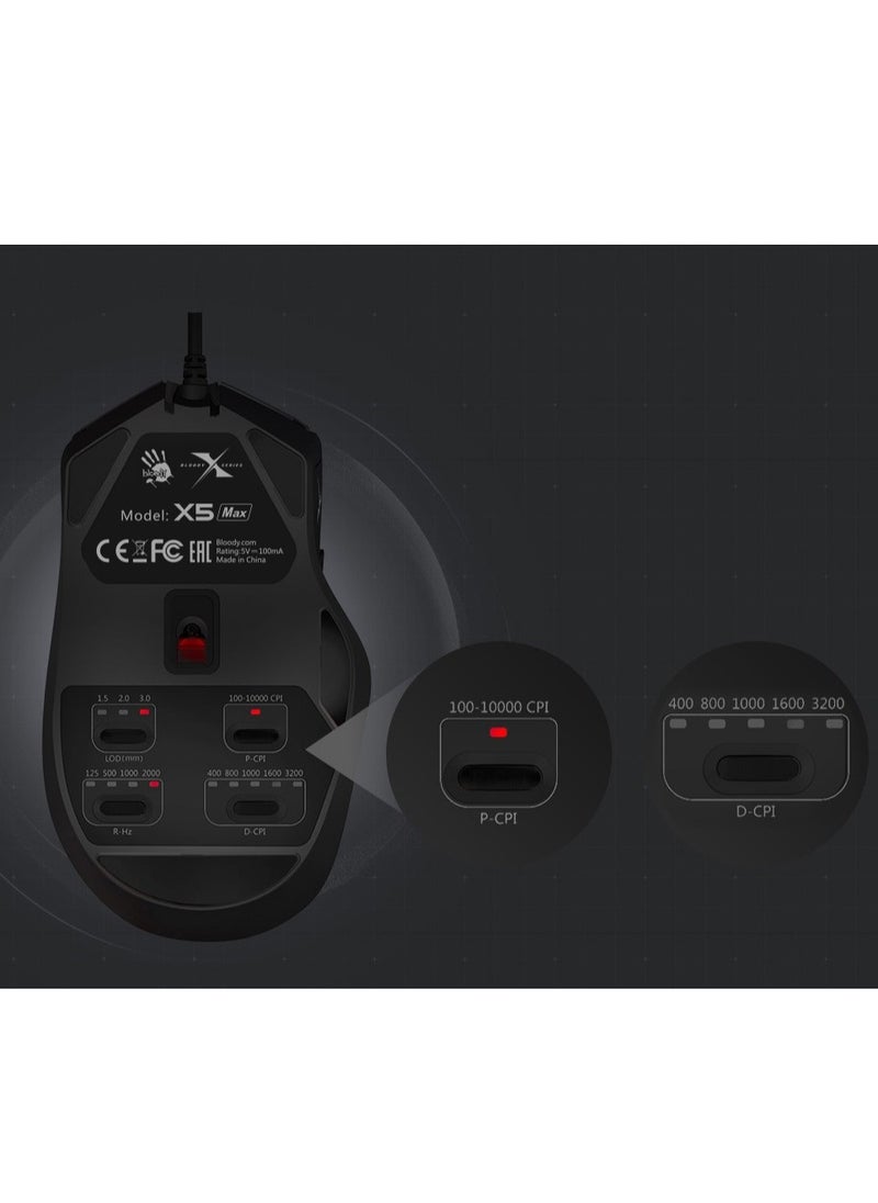 Bloody - X5 MAX Gaming Mouse USB – 10K BC3332 Sensor – 4 Performance Switches ( P-CPI, D-CPI, LOD, Report Rates ) – Texturized Rubber Grips – Perfect for all Grips (Palm, Claw, Tip) - Image 1