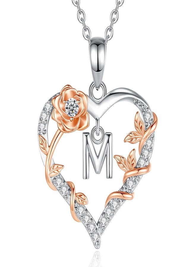 EUDORA Rose Heart Initial Necklace for Women Letter Alphabet Initial Necklaces Copper Rhodium Plated Pendant with Cubic Zirconia, Initials Jewelry Gifts for Women Wife Mother, 18", Small, Copper - Image 1