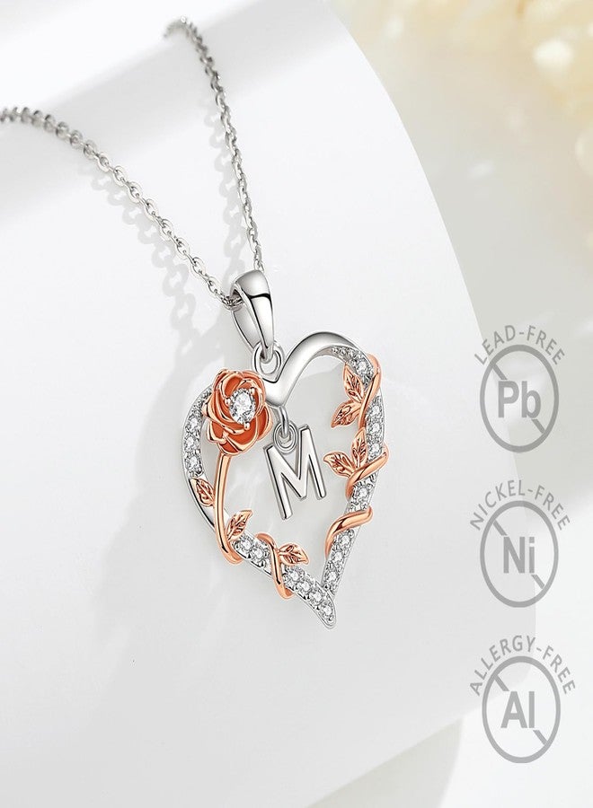 EUDORA Rose Heart Initial Necklace for Women Letter Alphabet Initial Necklaces Copper Rhodium Plated Pendant with Cubic Zirconia, Initials Jewelry Gifts for Women Wife Mother, 18", Small, Copper - Image 2
