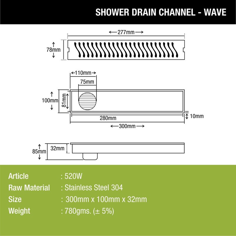 LIPKA Wave Shower Drain Channel | 12 × 4 Inches | 304 Stainless Steel Shower Water Drain Channel | Floor Drain with Cockroach Trap, Side Hole with Collar - Image 2