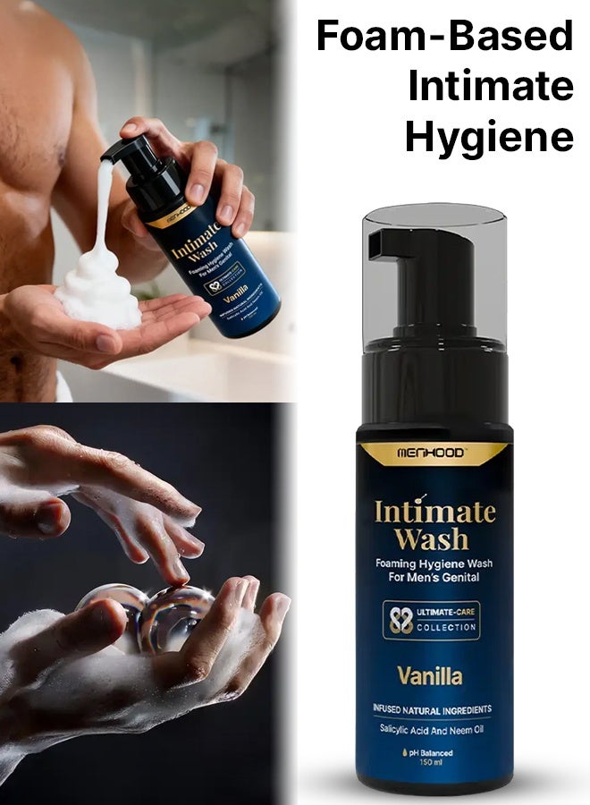 MENHOOD Intimate Wash for Men 150 ML| Tea Tree Oil Essential Neem Oil | Men Genital Wash |Mens Ball Hygiene |Anti-Fungal Foaming Wash | PH Balanced |Skin Brightening | Long- Lasting Freshness (Vanilla)