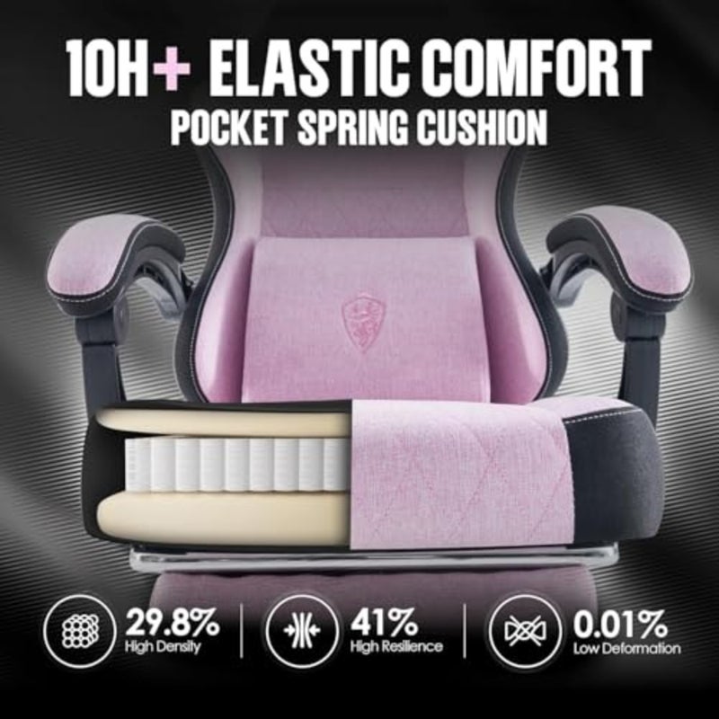 Gaming Chair for long-hour use: pink ergonomic high-back office chair with pocket spring cushion, massage lumbar support, retractable footrest, 300LBS capacity - Image 3