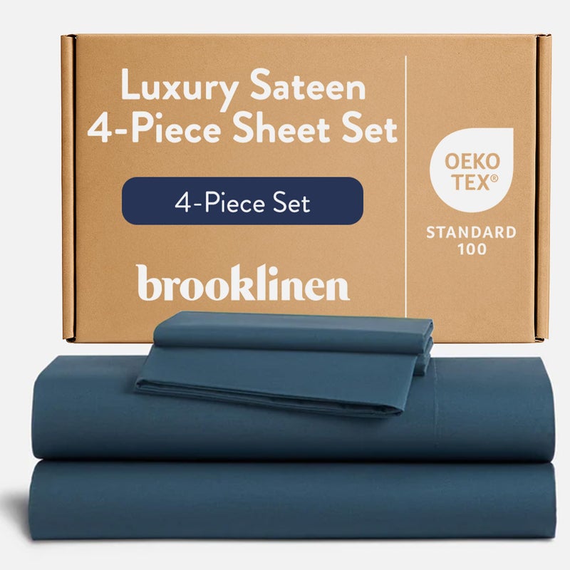 Brooklinen Luxury Sateen 4 Piece Sheet Set 100 Cotton Bed Sheets Soft Durable Queen Size Sheets Set in Abyss Blue OekoTEX Certified Bedding Set 1 Fitted Sheet 1 Flat Sheet 2 Pillowcases