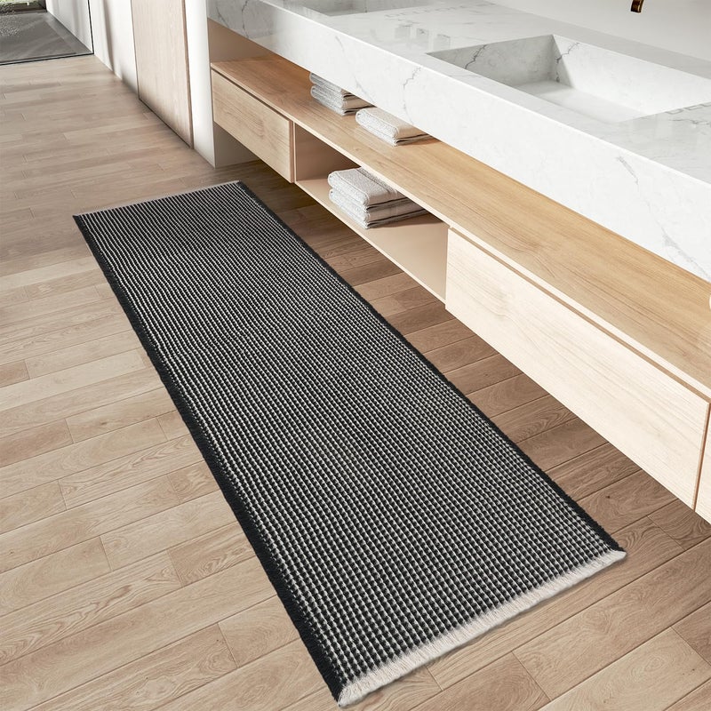 AMOAMI Upgraded Waffle Runner Rug Super Absorbent Non Slip Bath Mats for Bathroom Machine Washable Bathroom Runner Rug with Tassels, Ideal for Hallway Bedroom Laundry Room, 2' x 4', Black & Cream - Image 1