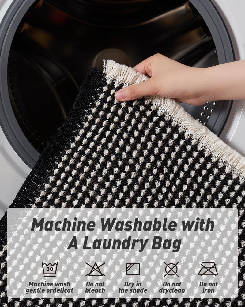 AMOAMI Upgraded Waffle Runner Rug Super Absorbent Non Slip Bath Mats for Bathroom Machine Washable Bathroom Runner Rug with Tassels, Ideal for Hallway Bedroom Laundry Room, 2' x 4', Black & Cream - Image 5