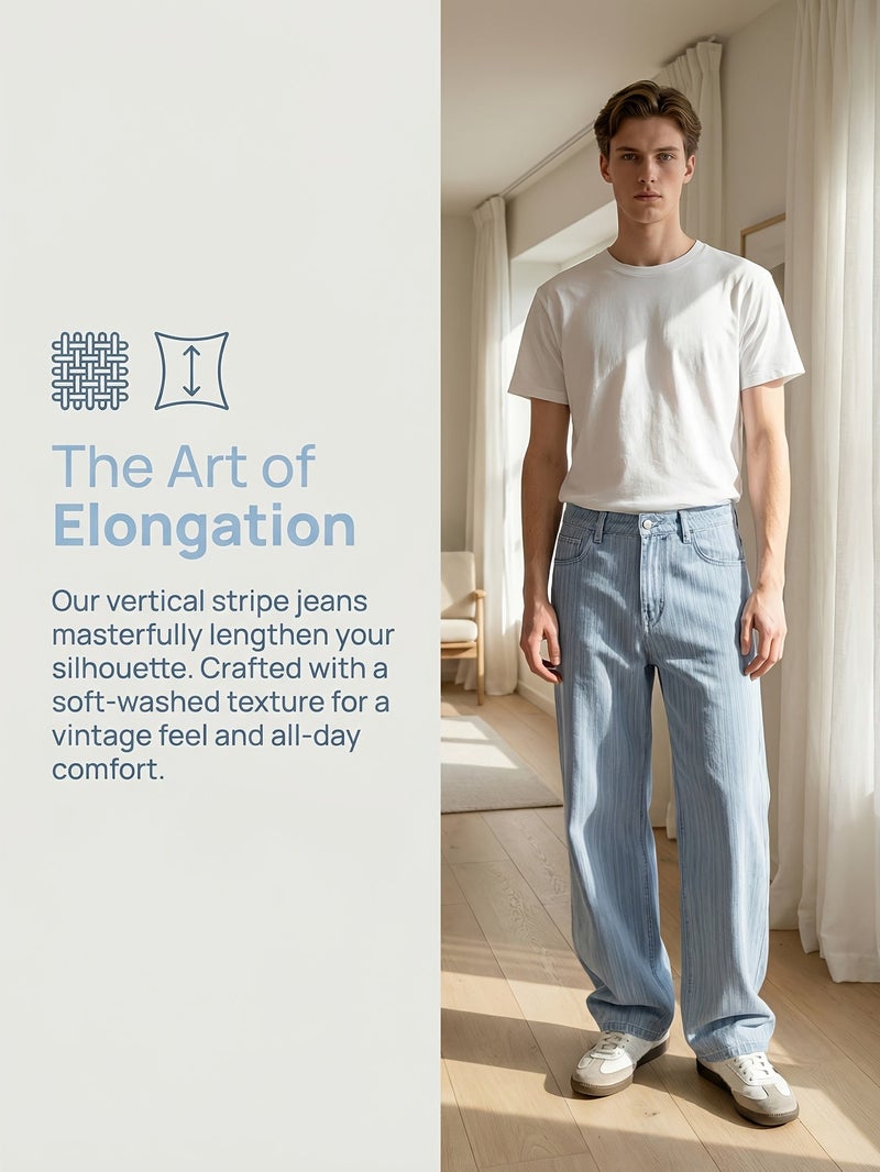 Men'S Light Blue Vertical Striped Jacquard Baggy Jeans Loose Wide Leg Straight Fit Denim Pants Retro Casual Streetwear Trousers for Men Spring Summer Fashion Comfortable Soft Denim Pants wit - Image 4