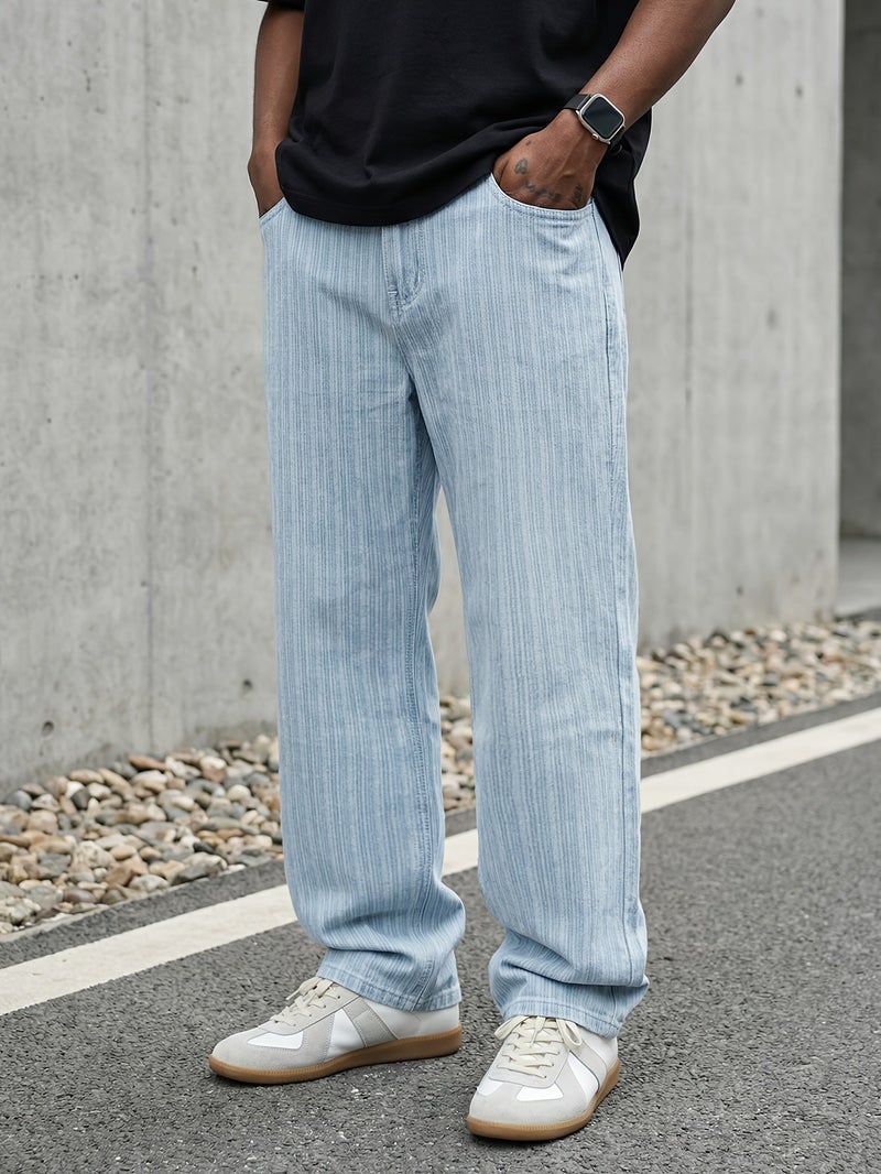 Men'S Light Blue Vertical Striped Jacquard Baggy Jeans Loose Wide Leg Straight Fit Denim Pants Retro Casual Streetwear Trousers for Men Spring Summer Fashion Comfortable Soft Denim Pants wit - Image 2