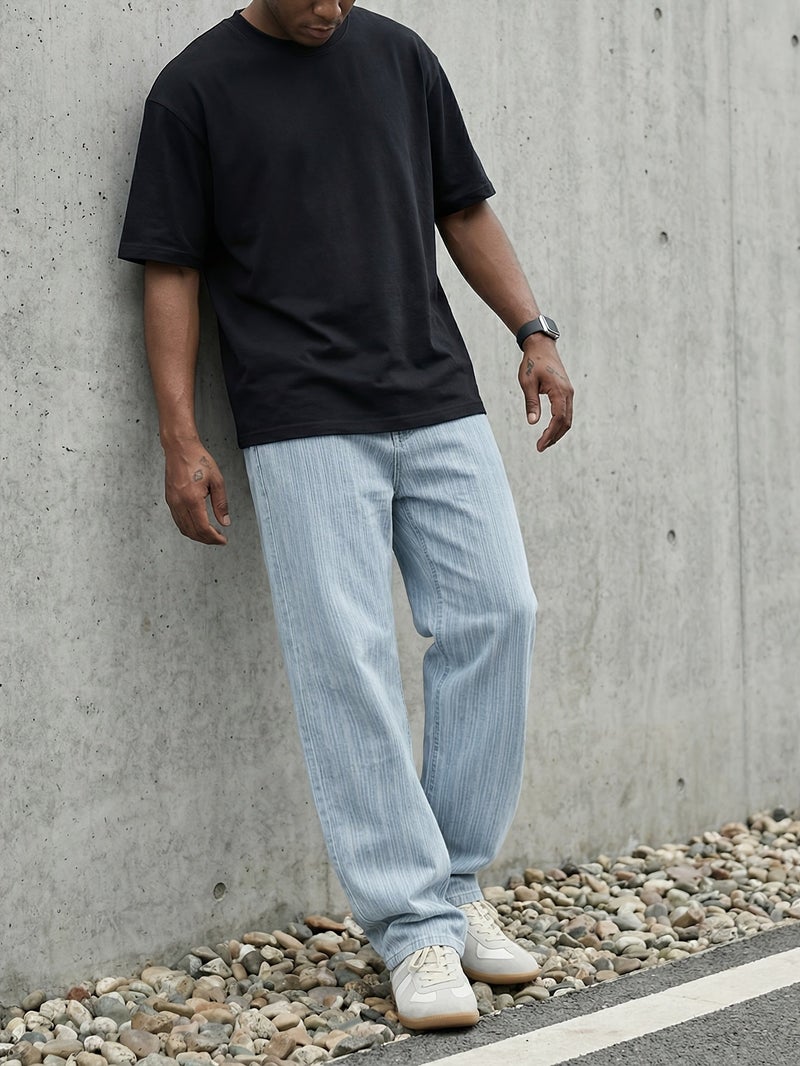 Men'S Light Blue Vertical Striped Jacquard Baggy Jeans Loose Wide Leg Straight Fit Denim Pants Retro Casual Streetwear Trousers for Men Spring Summer Fashion Comfortable Soft Denim Pants wit - Image 3