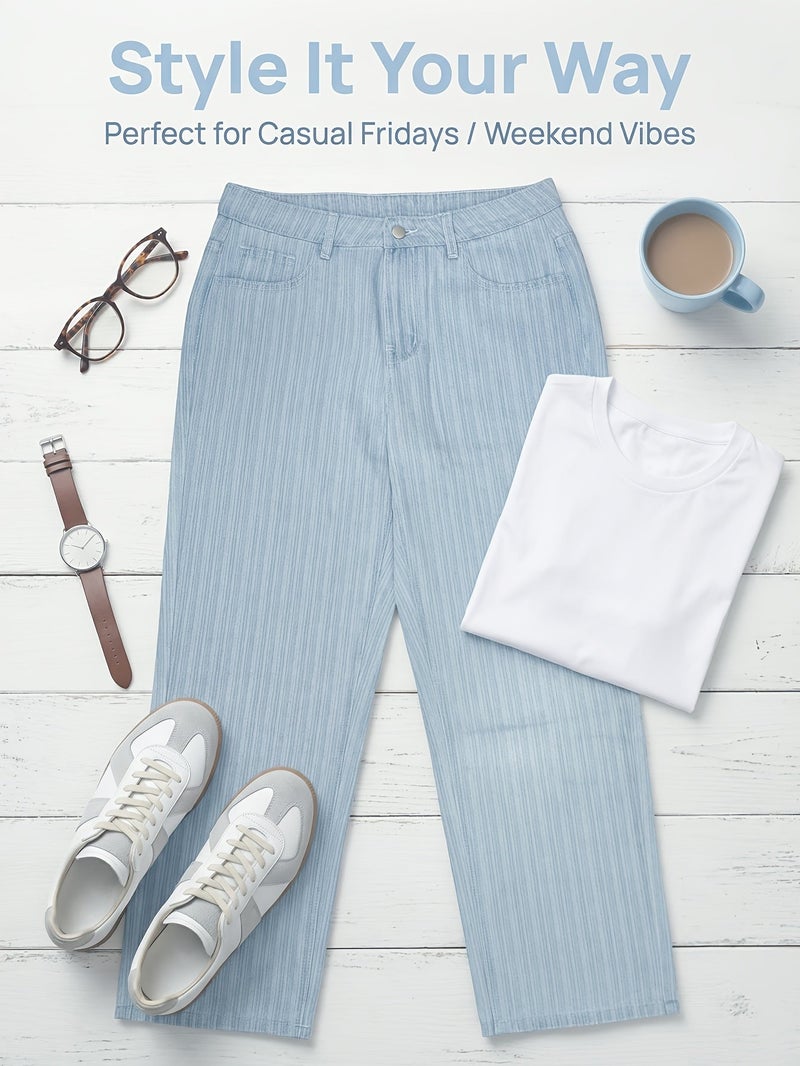 Men'S Light Blue Vertical Striped Jacquard Baggy Jeans Loose Wide Leg Straight Fit Denim Pants Retro Casual Streetwear Trousers for Men Spring Summer Fashion Comfortable Soft Denim Pants wit - Image 5