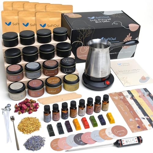 SoftOwl Premium Soy Candle Making Kit - Black Edition - Full Set with Electric Melter - Soy Wax, Big 16 Tins, 8 Pleasant Scents, 8x2 Color Dyes & More - Perfect as Home Decorations - Image 1