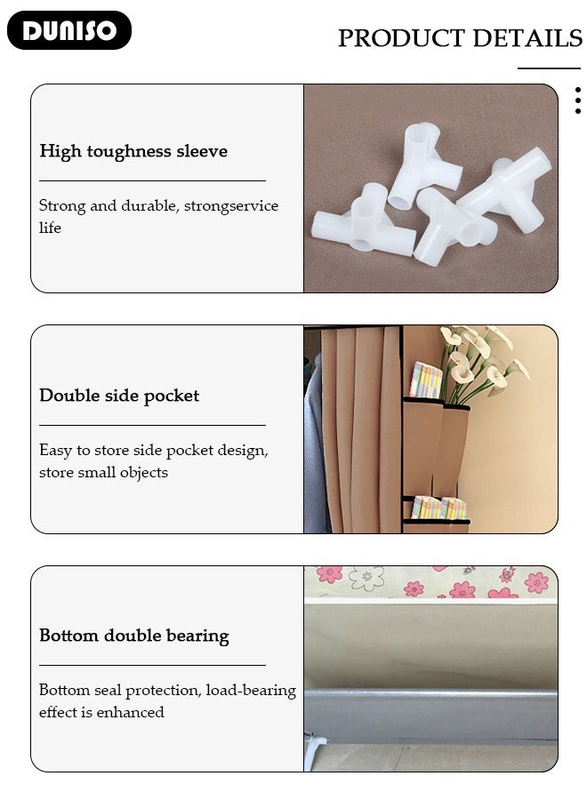 DUNISO Portable Fabric Wardrobe Clothes Storage Organizer with Side Pockets, Fabric Wardrobe for Clothing with Hanging Rail, Combination Wardrobe, Steel Pipe Thickened Reinforced Storage Cabinet, Clothes Rack for Bedroom, Cloakroom - Image 2