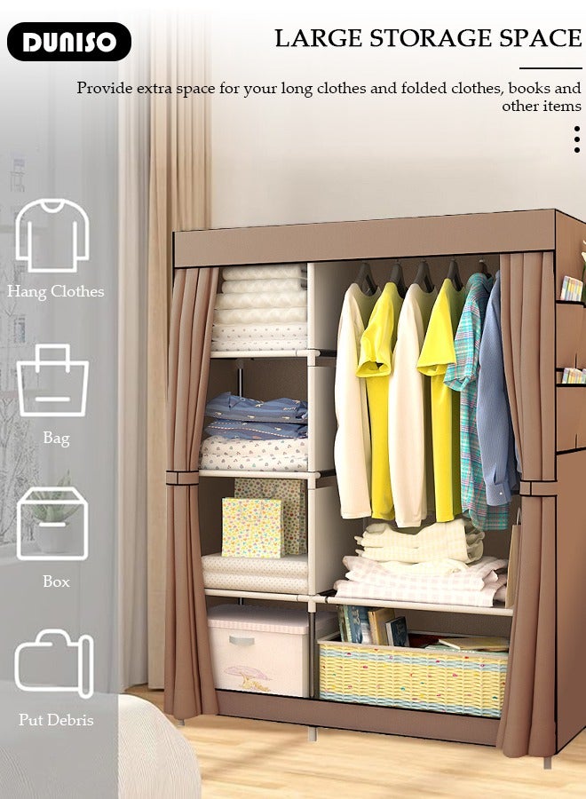 DUNISO Portable Fabric Wardrobe Clothes Storage Organizer with Side Pockets, Fabric Wardrobe for Clothing with Hanging Rail, Combination Wardrobe, Steel Pipe Thickened Reinforced Storage Cabinet, Clothes Rack for Bedroom, Cloakroom - Image 3