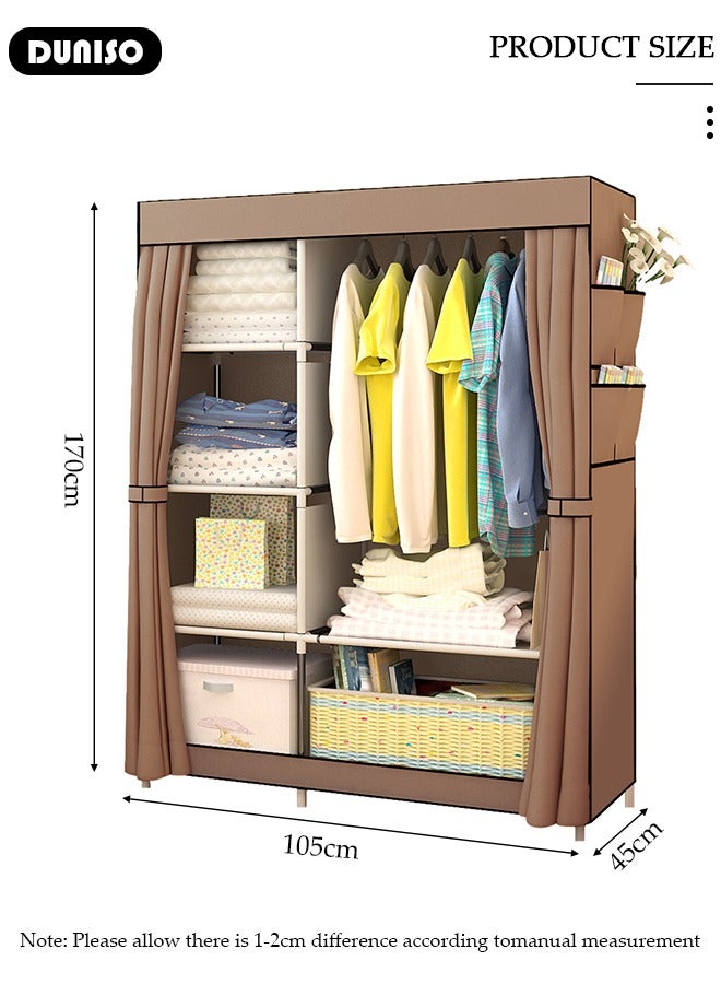 DUNISO Portable Fabric Wardrobe Clothes Storage Organizer with Side Pockets, Fabric Wardrobe for Clothing with Hanging Rail, Combination Wardrobe, Steel Pipe Thickened Reinforced Storage Cabinet, Clothes Rack for Bedroom, Cloakroom - Image 4