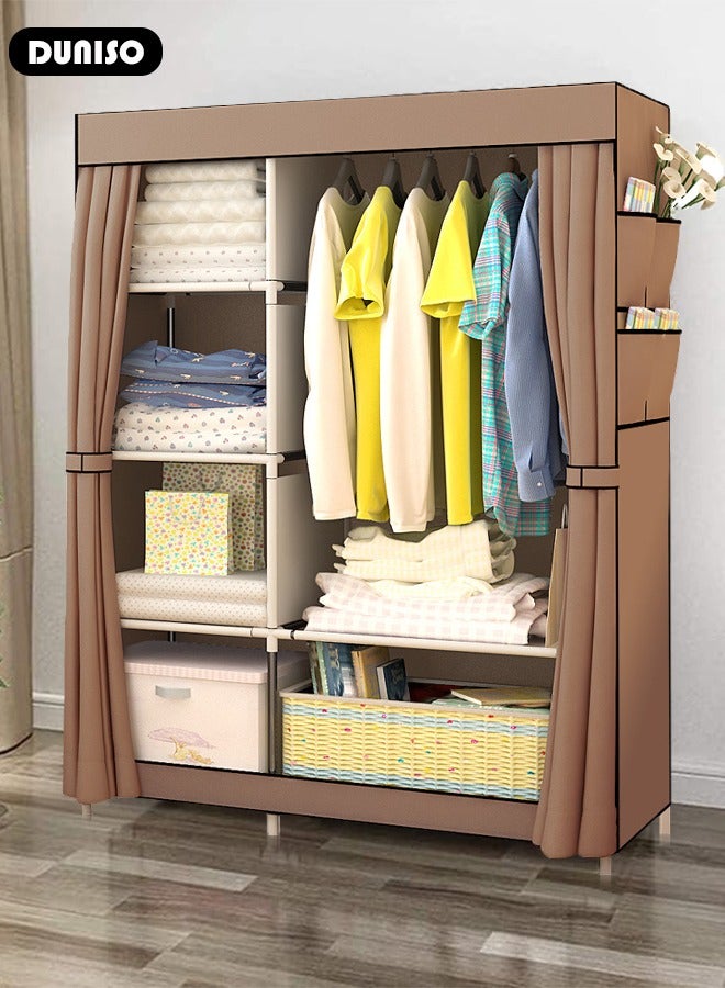 DUNISO Portable Fabric Wardrobe Clothes Storage Organizer with Side Pockets, Fabric Wardrobe for Clothing with Hanging Rail, Combination Wardrobe, Steel Pipe Thickened Reinforced Storage Cabinet, Clothes Rack for Bedroom, Cloakroom - Image 5