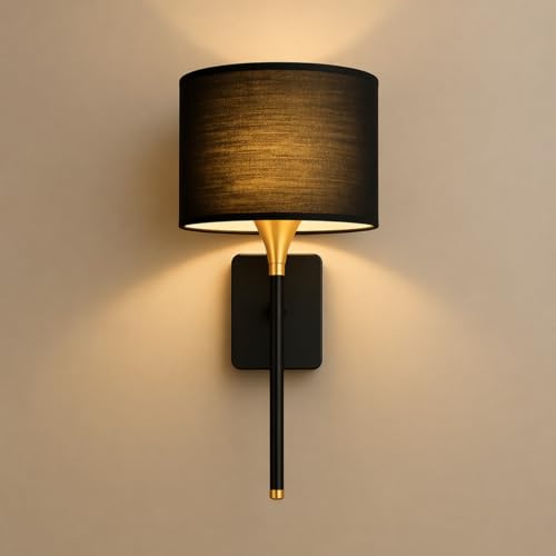 CORALTREE CORAL TREE Modern Wall Light with Fabric Shade, Premium Metal Body, E27 Bulb Holder, Decorative Bedside Wall Lamp for Bedroom, Living Room, Hallway, Hotel & Home Décor (Black & Gold) - Image 1