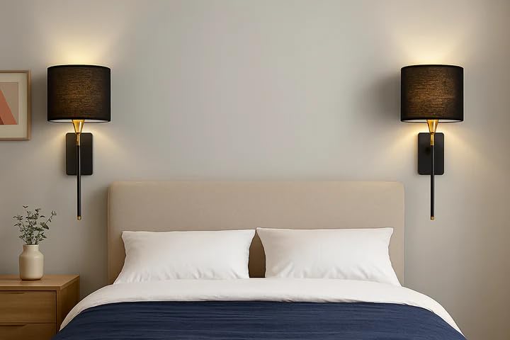 CORALTREE CORAL TREE Modern Wall Light with Fabric Shade, Premium Metal Body, E27 Bulb Holder, Decorative Bedside Wall Lamp for Bedroom, Living Room, Hallway, Hotel & Home Décor (Black & Gold) - Image 3