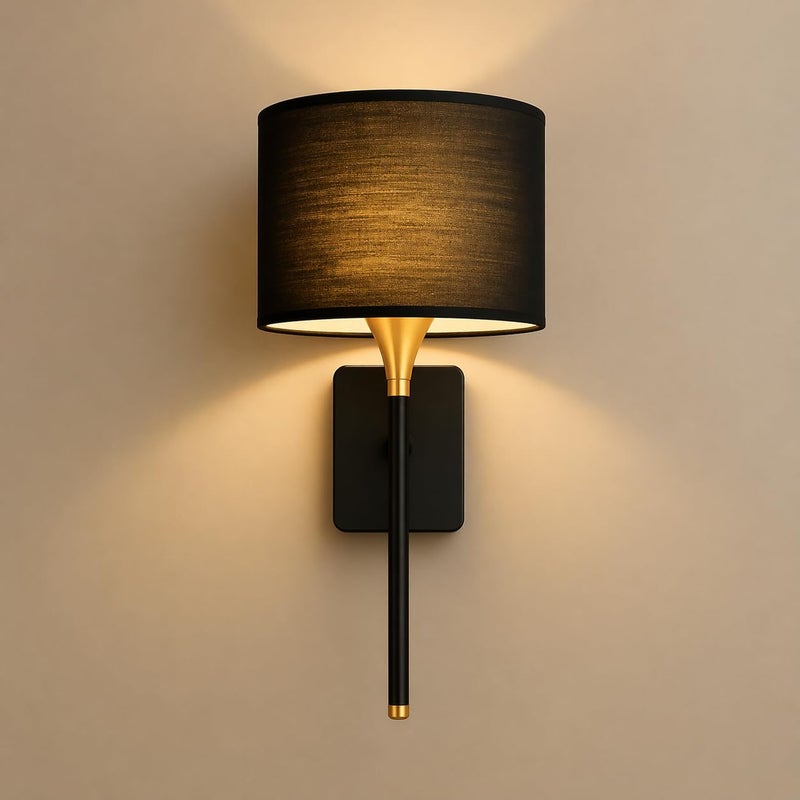 CORALTREE CORAL TREE Modern Wall Light with Fabric Shade, Premium Metal Body, E27 Bulb Holder, Decorative Bedside Wall Lamp for Bedroom, Living Room, Hallway, Hotel & Home Décor (Black & Gold) - Image 4