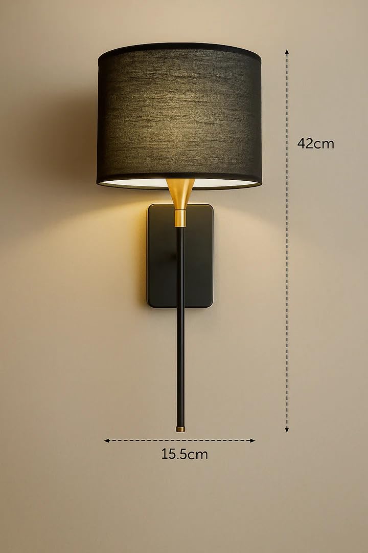 CORALTREE CORAL TREE Modern Wall Light with Fabric Shade, Premium Metal Body, E27 Bulb Holder, Decorative Bedside Wall Lamp for Bedroom, Living Room, Hallway, Hotel & Home Décor (Black & Gold) - Image 2