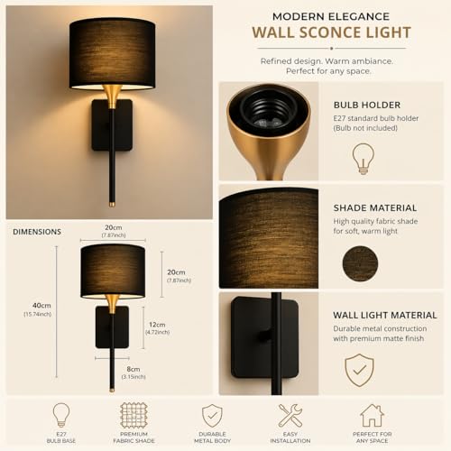 CORALTREE CORAL TREE Modern Wall Light with Fabric Shade, Premium Metal Body, E27 Bulb Holder, Decorative Bedside Wall Lamp for Bedroom, Living Room, Hallway, Hotel & Home Décor (Black & Gold) - Image 5