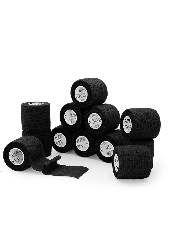 OK TAPE ضمادات لاصقة ذاتية الالتصاق 12 عبوة، 2 بوصة × 5 ياردات، شريط رياضي لاصق غير منسوج، شريط ضمادات بيطرية، لراحة الإبهام والمعصم والكاحل (أسود) - Image 1