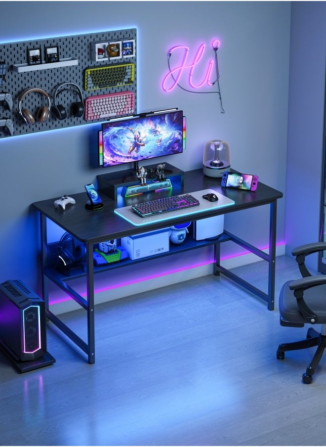 Shofenkei Black Gaming Table with Shelves Desk Table Writing Table Office Table for Studying Home Office Writing  - Image 1