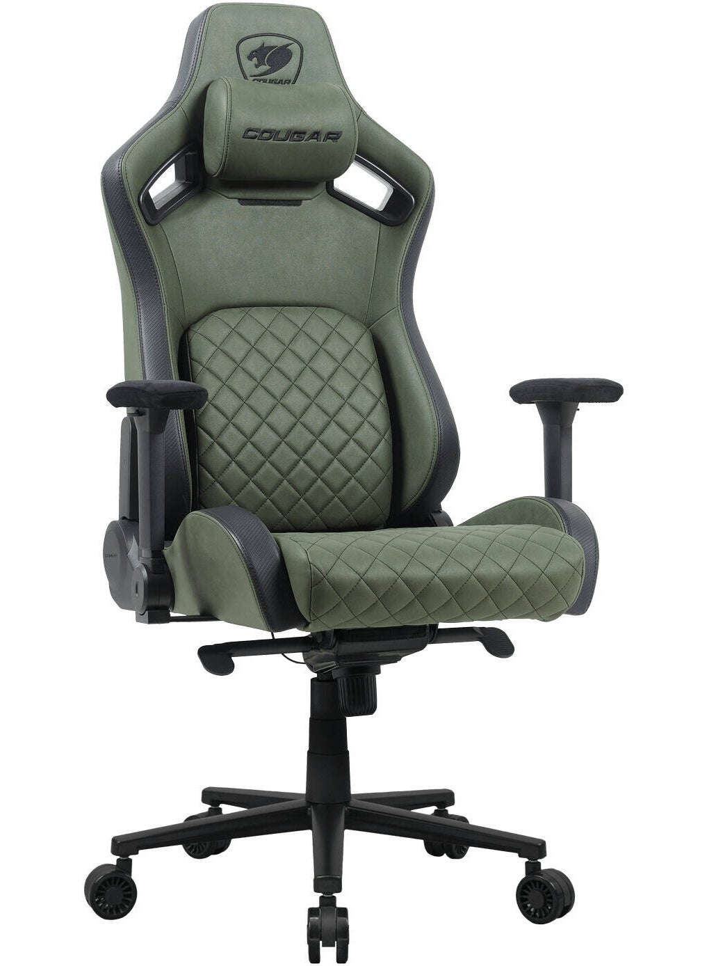 Defensor S Gaming Chair – Ergonomic 4D Armrests, PushBack Lumbar Support, Magnetic Memory Foam Neck Pillow, High-Density Molded Foam, Leather-Like Upholstery, Recline 90°–155°, Steel Base, Adjustable Tilt & Class-4 Gas Lift, Army Green | 3MDSFGEB.0001