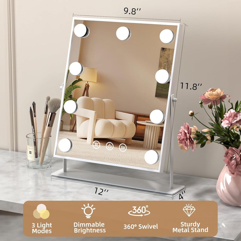 FUNTOUCH Makeup Mirror with Lights, Hollywood Vanity Mirror with 3 Colors Lighting Modes, Touch Control, 360°Ratation, Dimmable 9 LED Bulbs Lighted Makeup Mirror for Dressing Room & Bedroom (White) - Image 5