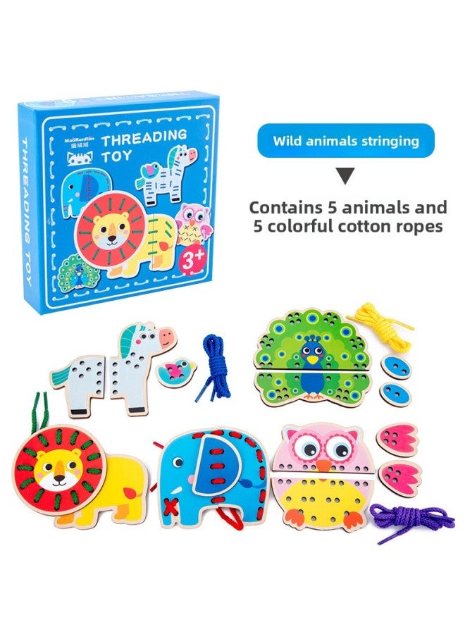 Early Childhood Education Animal Threading Board Jigsaw Puzzle Building Blocks Training Hand-eye Coordination Threading Rope String Educational Toys-Color:DQ-wild Animal Threading Rope 0.36  - Image 1