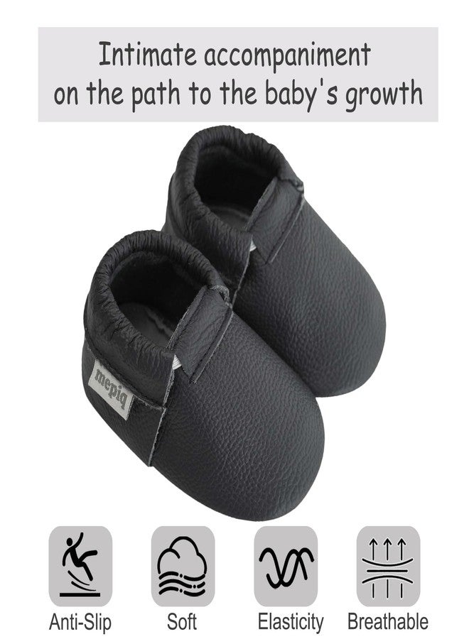 mepiq Toddler Moccasins Baby Shoes with Suede Sole, Soft Leather Anti Slip Crib Walking Baby Shoes Suitable for Indoor First Walking Black 0-6Months - Image 2