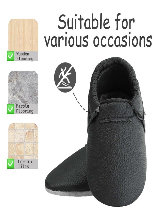 mepiq Toddler Moccasins Baby Shoes with Suede Sole, Soft Leather Anti Slip Crib Walking Baby Shoes Suitable for Indoor First Walking Black 0-6Months - Image 3