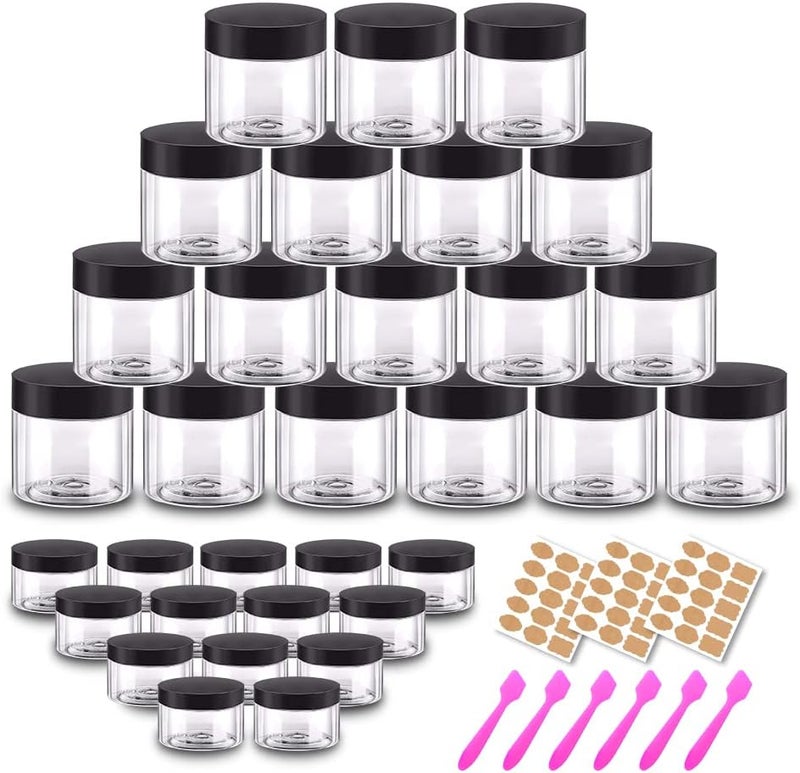 2oz Plastic Jars Round Cosmetic Containers with Lids | 20 Gram Clear Small Sample Containers (Set of 48) for Cream, Body Butter, Eye Shadow, Rhinestone, Lip Scrub, Travel - Labels & Spatulas