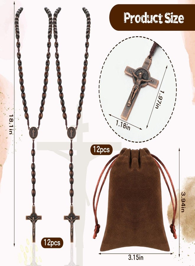 Equsion 12 Set Wooden Bead Rosary Necklace Catholic Rosary Wood Carved Solid Beads with Jesus Cross Our Father with Velour Gift Pouch Baptism Favors Catholic Gift(Dark Coffee) - Image 2