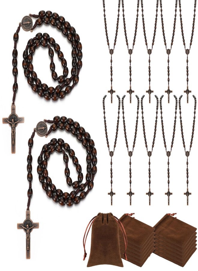 Equsion 12 Set Wooden Bead Rosary Necklace Catholic Rosary Wood Carved Solid Beads with Jesus Cross Our Father with Velour Gift Pouch Baptism Favors Catholic Gift(Dark Coffee) - Image 1