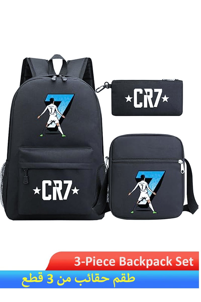 CR7 Themed 3-Piece Backpack Set, Includes A Backpack, Shoulder Bag and Pencil Case or Wallet - School and Travel Bags for Boys, Girls, Men, Women - Multipocket Storage, Durable, Adjustable, Breathable