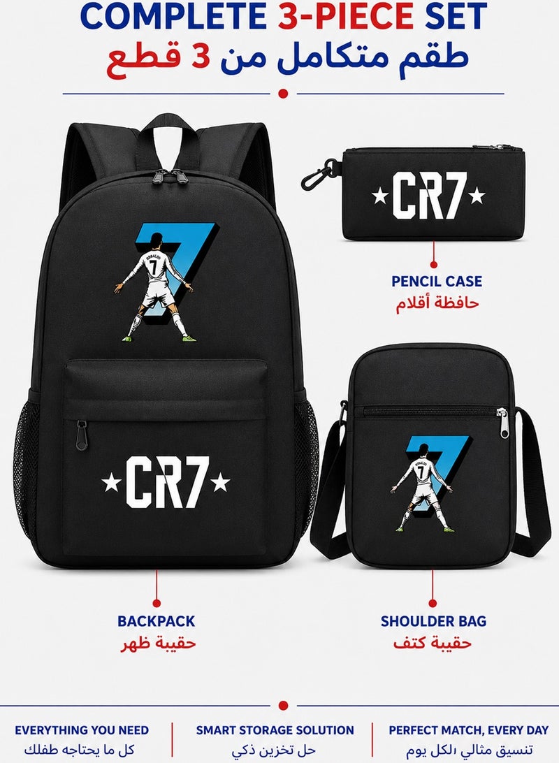 CR7 Themed 3-Piece Backpack Set, Includes A Backpack, Shoulder Bag and Pencil Case or Wallet - School and Travel Bags for Boys, Girls, Men, Women - Multipocket Storage, Durable, Adjustable, Breathable - Image 2