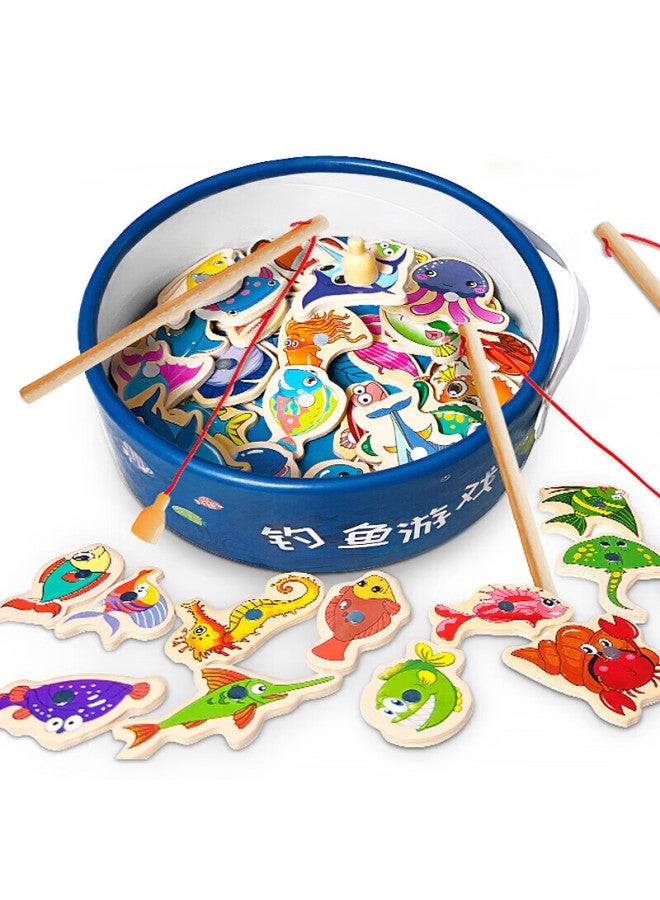 Babamama Wooden Fishing Toy Set With Magnetic Fishing Platform For Children's Early Education, Fishing Game Toy For Boys And Girls, Birthday Gift, 51 Fish Bucket Included - Image 1