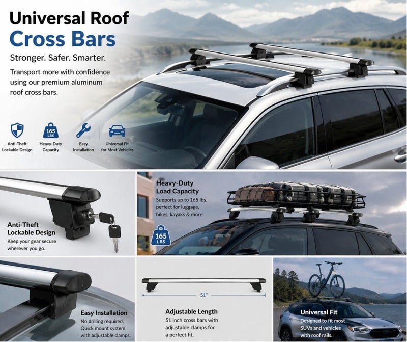 Dunekart Universal Roof Cross Bars | Adjustable 51'' (129.5 cm) Length Lockable Aluminum Car Roof Rack with Mounting Clamps | Anti-Theft Design for SUVs & Vehicles (Silver-Black) - 2pcs - Image 3