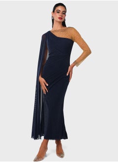 Threadz by Ajooni One Sided Crystal Embellished Mesh Cape Dress  - Image 1