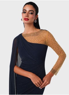 Threadz by Ajooni One Sided Crystal Embellished Mesh Cape Dress  - Image 3