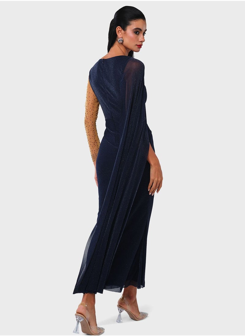 Threadz by Ajooni One Sided Crystal Embellished Mesh Cape Dress  - Image 2