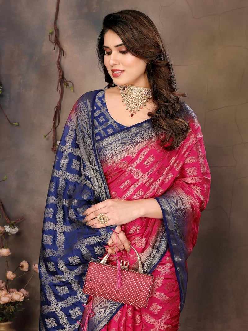 Sidhidata Women's Dyable Banarasi Balatan Silk Saree with Tassels & Unstitched Blouse Piece - Rani Color - Image 4