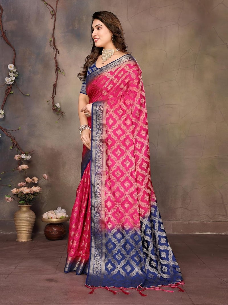 Sidhidata Women's Dyable Banarasi Balatan Silk Saree with Tassels & Unstitched Blouse Piece - Rani Color - Image 5
