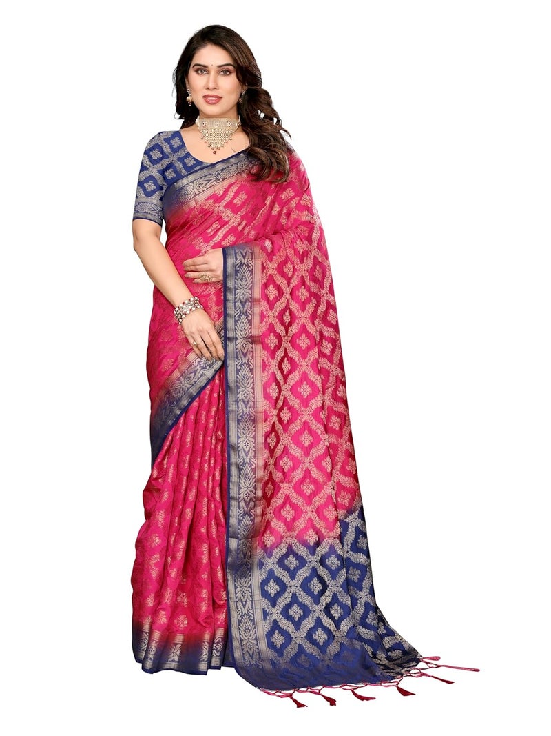 Sidhidata Women's Dyable Banarasi Balatan Silk Saree with Tassels & Unstitched Blouse Piece - Rani Color - Image 1