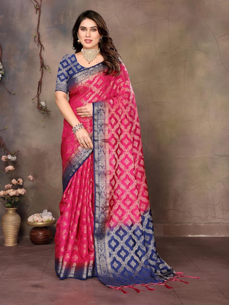 Sidhidata Women's Dyable Banarasi Balatan Silk Saree with Tassels & Unstitched Blouse Piece - Rani Color - Image 2