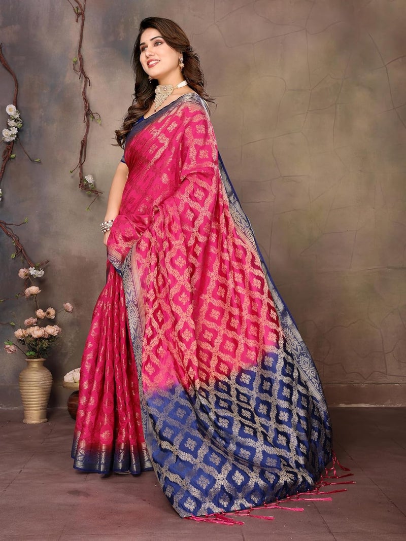 Sidhidata Women's Dyable Banarasi Balatan Silk Saree with Tassels & Unstitched Blouse Piece - Rani Color - Image 3
