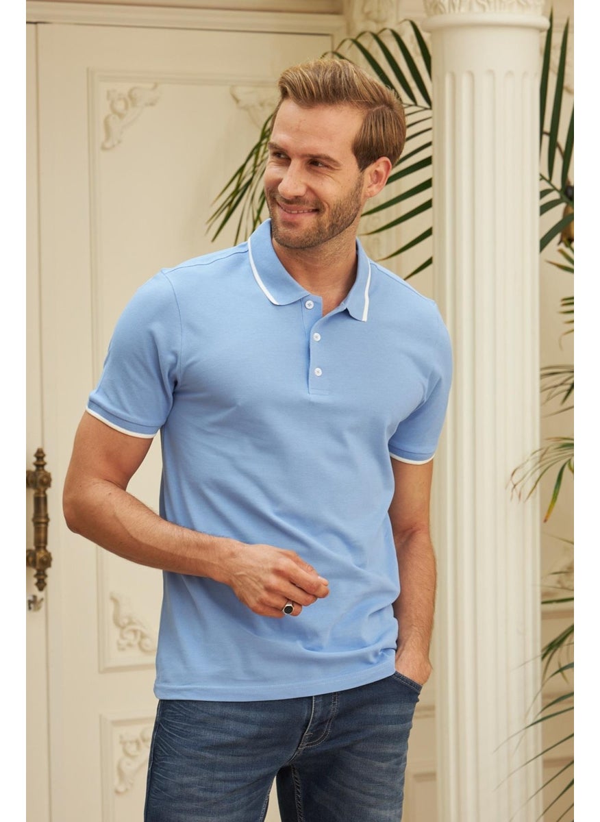 Odelon - Men's Slim Fit Plain Polo Neck T-Shirt Blue - Image 1