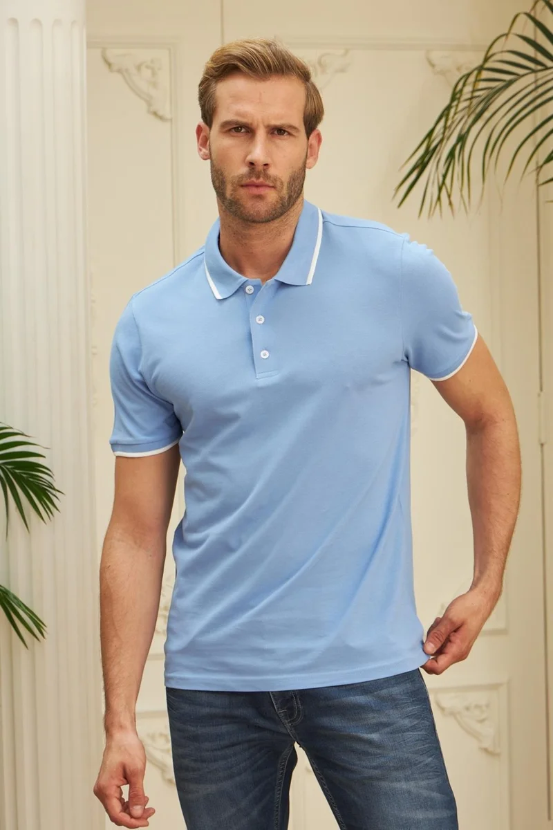 Odelon Men's Slim Fit Plain Polo Neck T-Shirt Blue